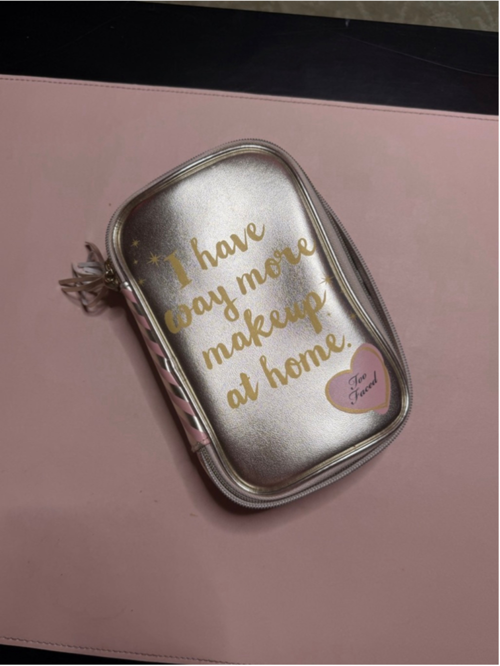 Too Faced Gold Pink Striped Cosmetic Bag